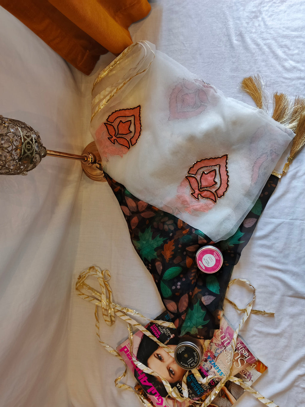 Petal Mist | Hand Painted Organza Dupatta with Leaf Motif | Luxury Party Wear Dupatta by Pareek Mania