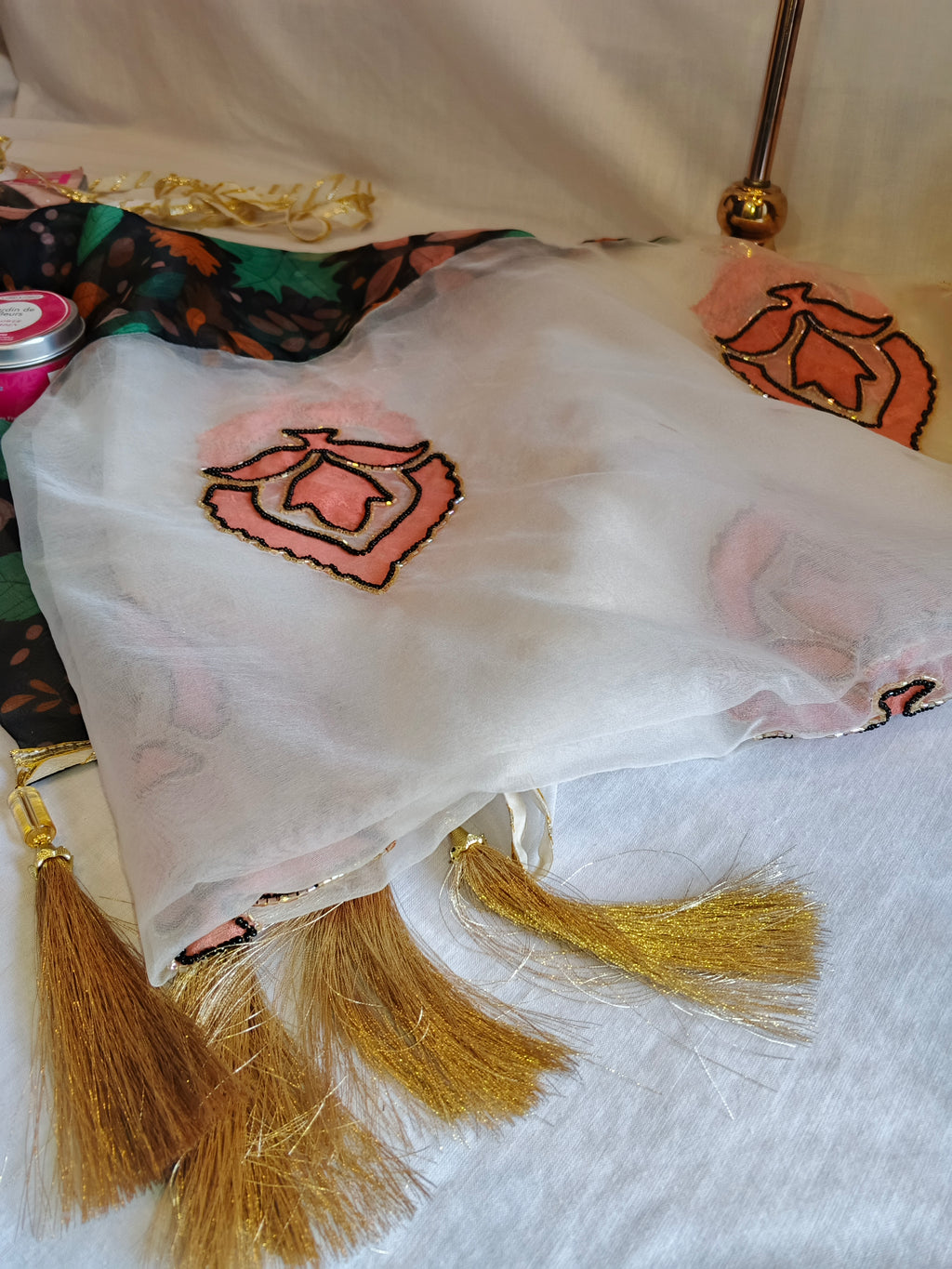 Petal Mist | Hand Painted Organza Dupatta with Leaf Motif | Luxury Party Wear Dupatta by Pareek Mania