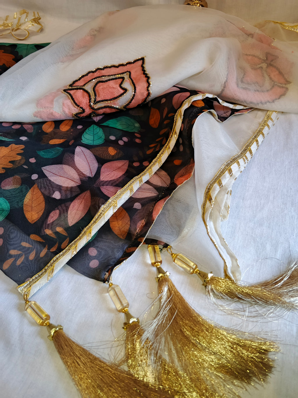 Petal Mist | Hand Painted Organza Dupatta with Leaf Motif | Luxury Party Wear Dupatta by Pareek Mania