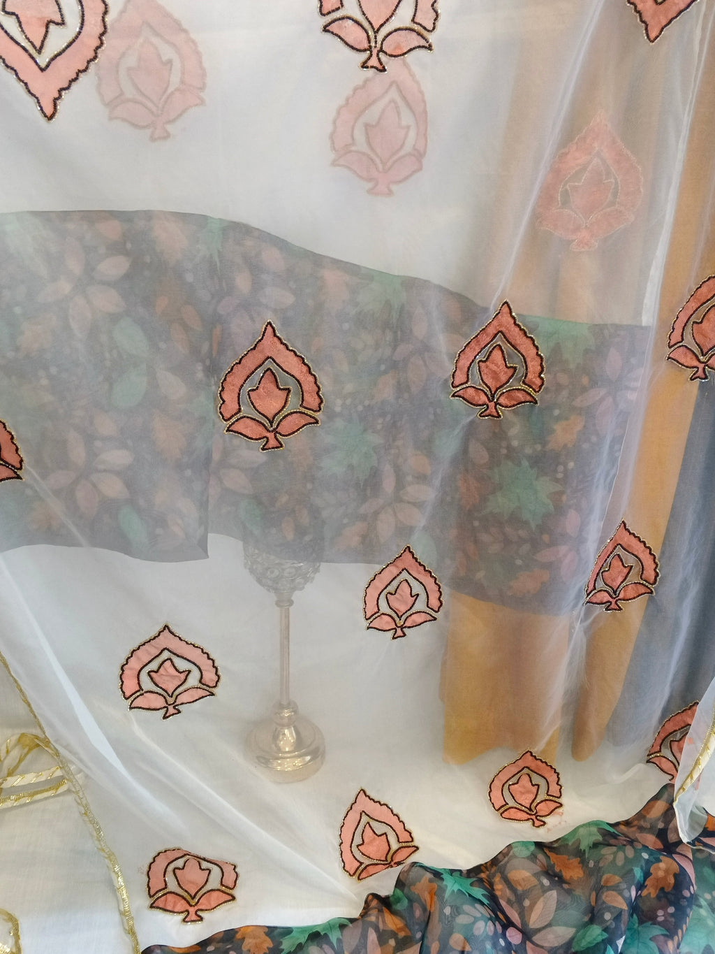 Petal Mist | Hand Painted Organza Dupatta with Leaf Motif | Luxury Party Wear Dupatta by Pareek Mania