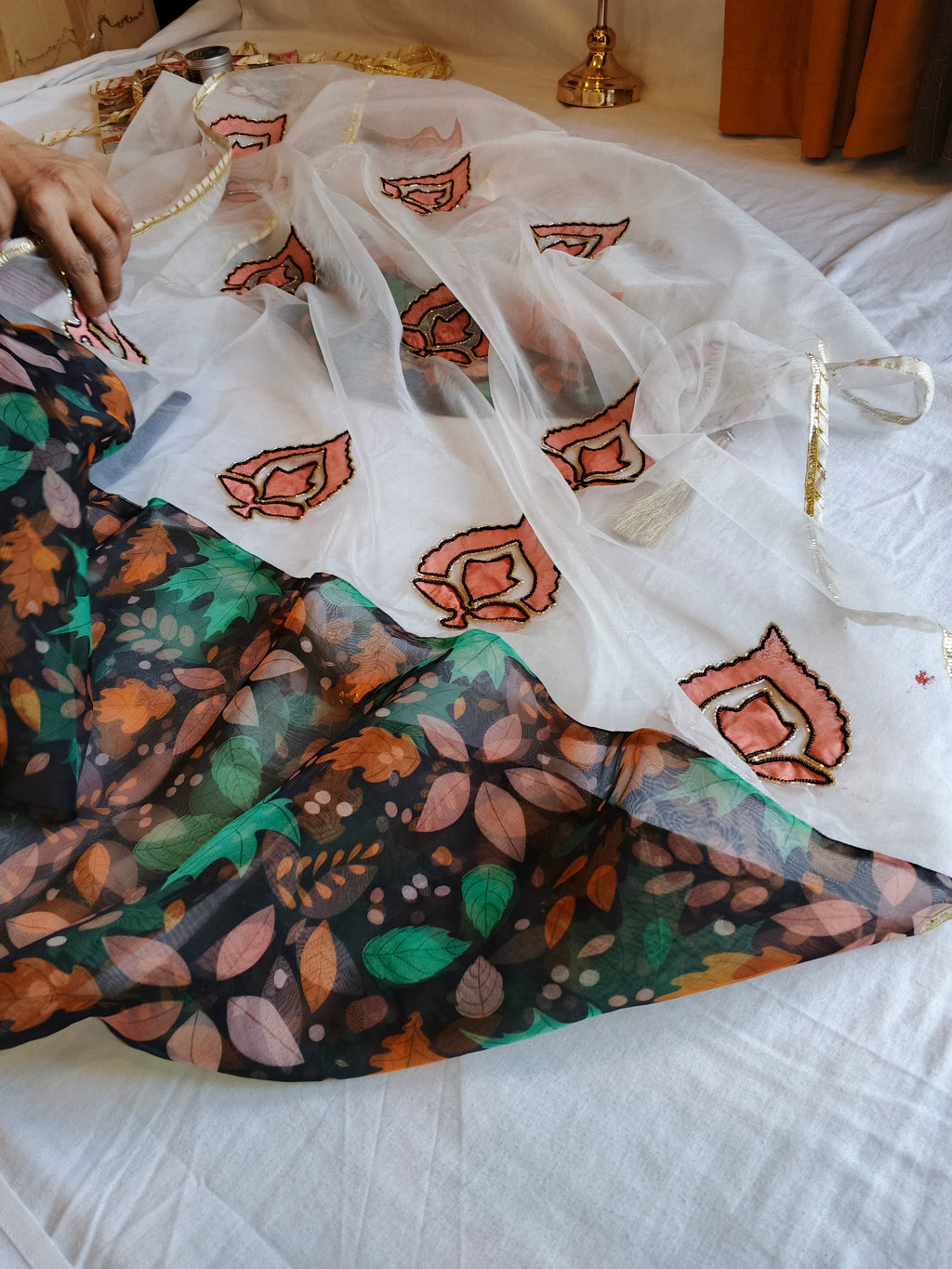 Petal Mist | Hand Painted Organza Dupatta with Leaf Motif | Luxury Party Wear Dupatta by Pareek Mania