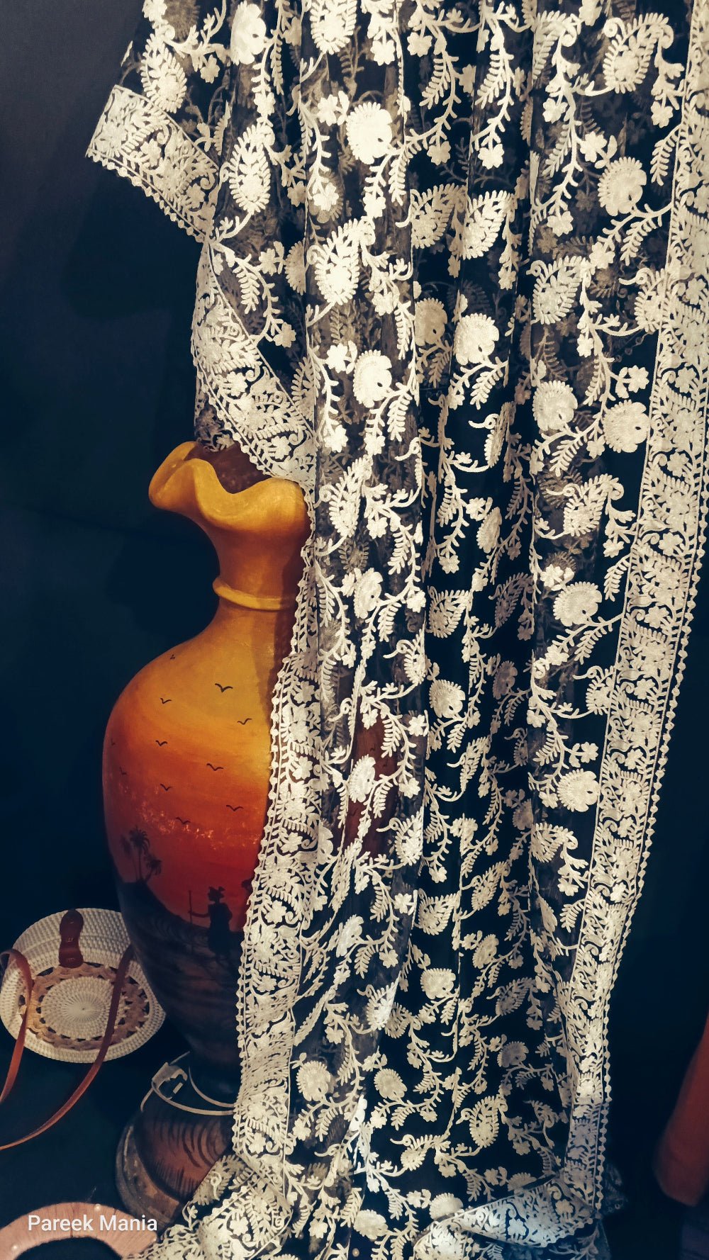 Moonlit Elegance –  Embroidered Soft Organza Dupatta by Pareek Mania in Noir Éclat