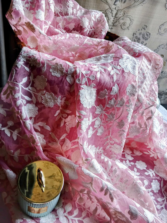 Rosé Whisper – Organza Embroidered Dupatta by Pareek Mania