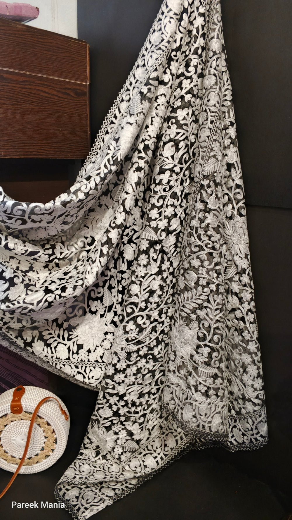 Zarnoor by Pareek Mania – Luxurious Embroidered Organza Dupatta in Midnight Pearl