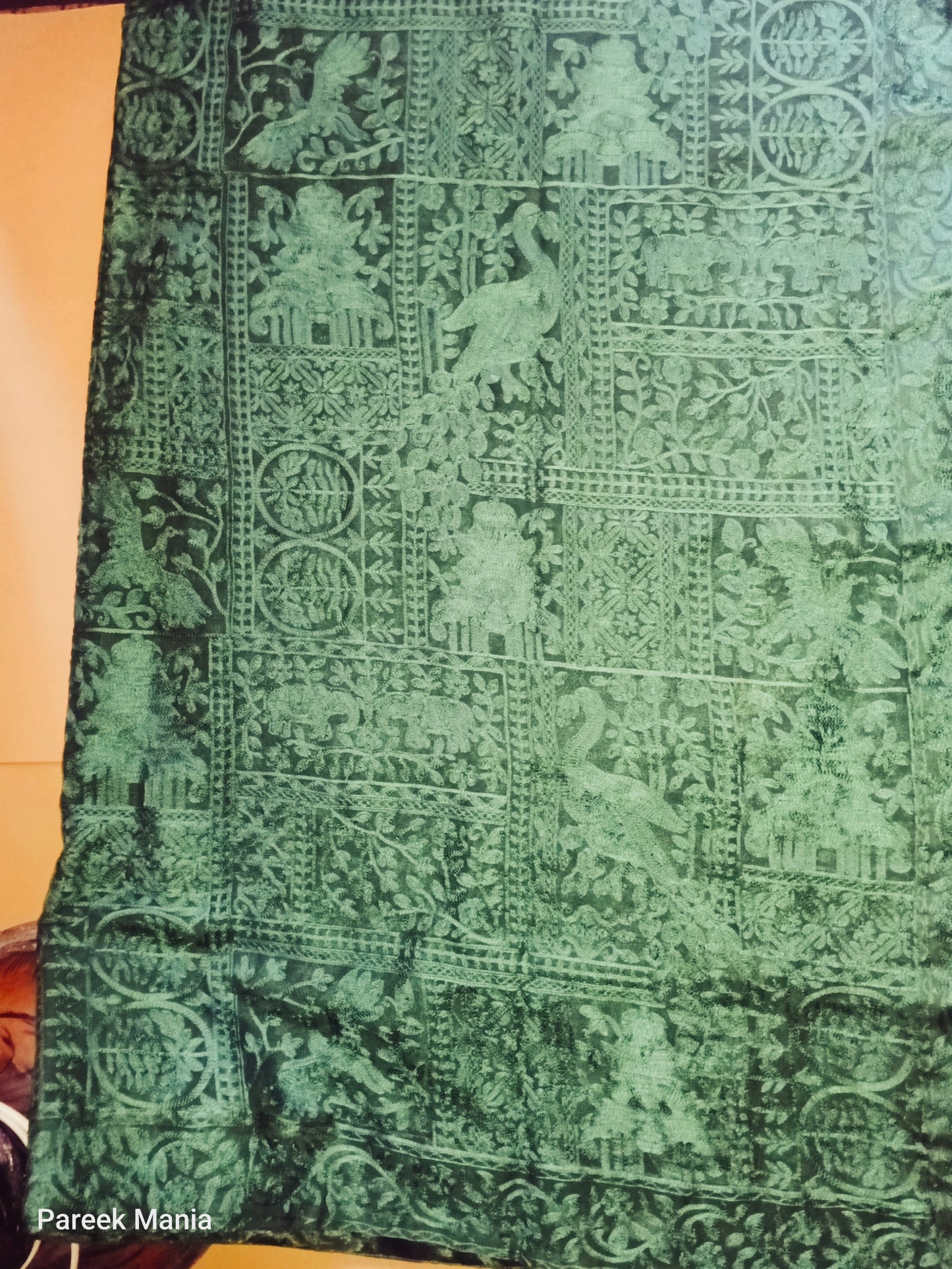 Emerald green soft organza dupatta from Pareek Mania’s luxury collection, featuring intricate self-on-self Aari embroidery with floral and vine motifs, 2.75+ yards length, perfect for festive and casual wear in traditional Pakistani fashion.