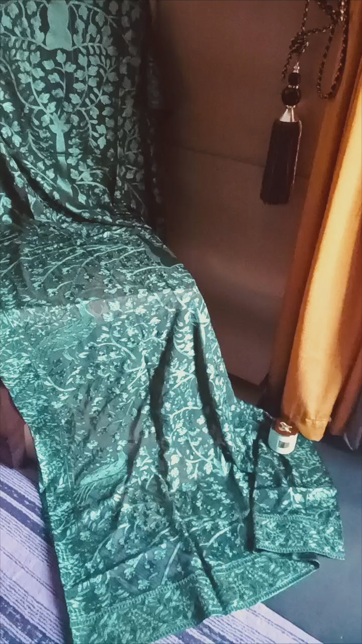 Emerald green soft Chiffon dupatta from Pareek Mania’s luxury collection, featuring intricate self-on-self Aari embroidery with floral and vine motifs, 2.5+ yards length, perfect for festive and casual wear in traditional Pakistani fashion.